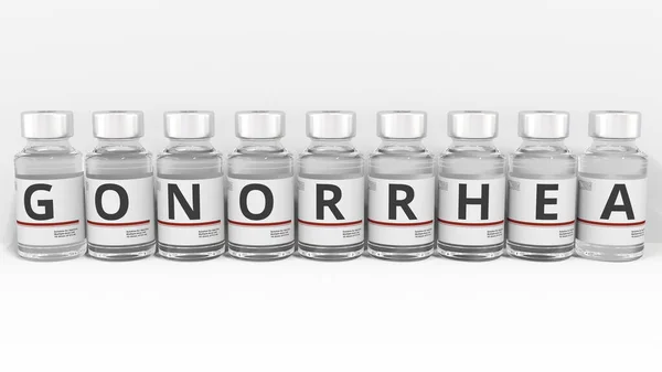 Medizinflaschen komponieren GONORRHEA Text. Konzeptionelles 3D-Rendering — Stockfoto