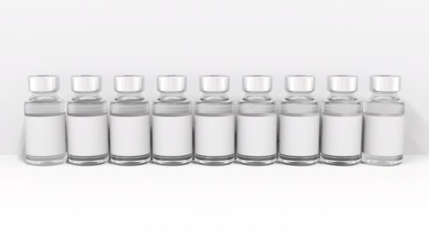 TRATAMENTO texto nos rótulos dos frascos para injetáveis de medicamentos. Animação 3d conceitual — Vídeo de Stock