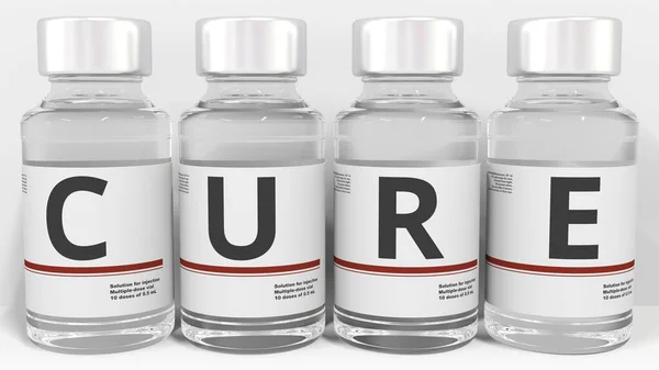 CURE-Text auf den Etiketten von Medikamentenflaschen. Konzeptionelles 3D-Rendering — Stockfoto