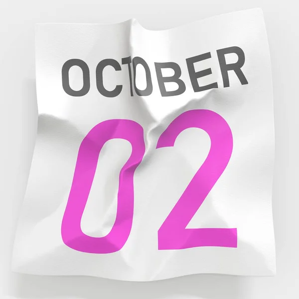 2 de octubre la fecha en la página arrugada de papel del calendario, la traducción 3d — Foto de Stock