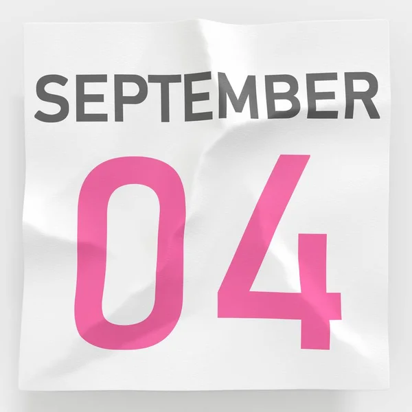 4 de setembro data em página de papel amassada de um calendário, prestação 3d — Fotografia de Stock