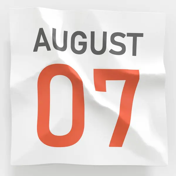7 augustus datum op verkreukelde papieren pagina van een kalender, 3d weergave — Stockfoto