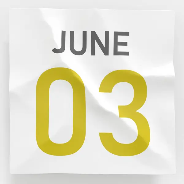 3. června datum na zmačkané papírové stránce kalendáře, 3D vykreslování — Stock fotografie