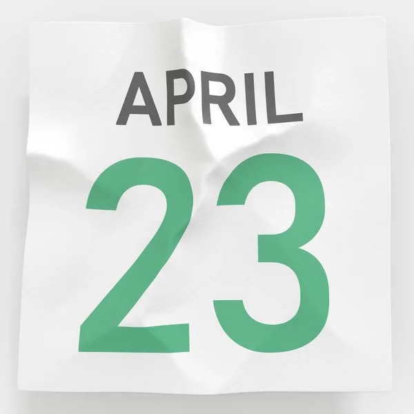 23 kwietnia data na pogniecionej papierowej stronie kalendarza, renderowanie 3d — Zdjęcie stockowe