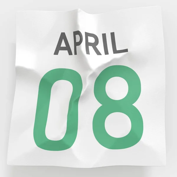 8 april datum på en trasig sida i en kalender, 3D-rendering — Stockfoto