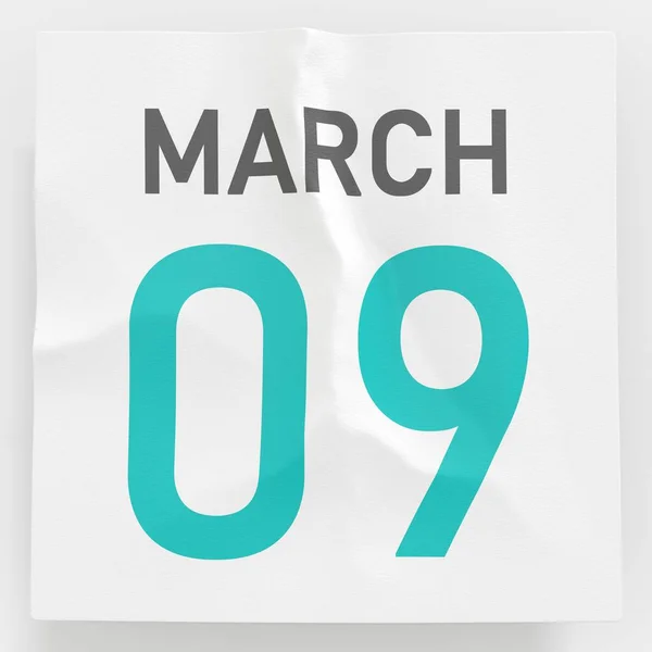 9 marca data na pogniecionej papierowej stronie kalendarza, renderowanie 3d — Zdjęcie stockowe