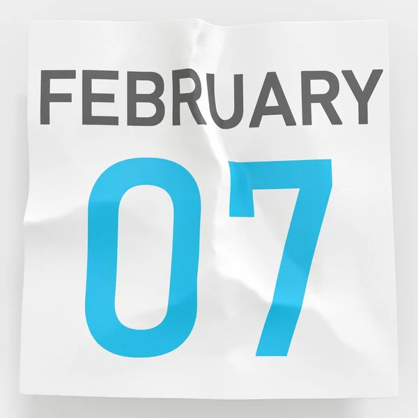 7 лютого дата на зім'ятій паперовій сторінці календаря, 3d рендеринга — стокове фото