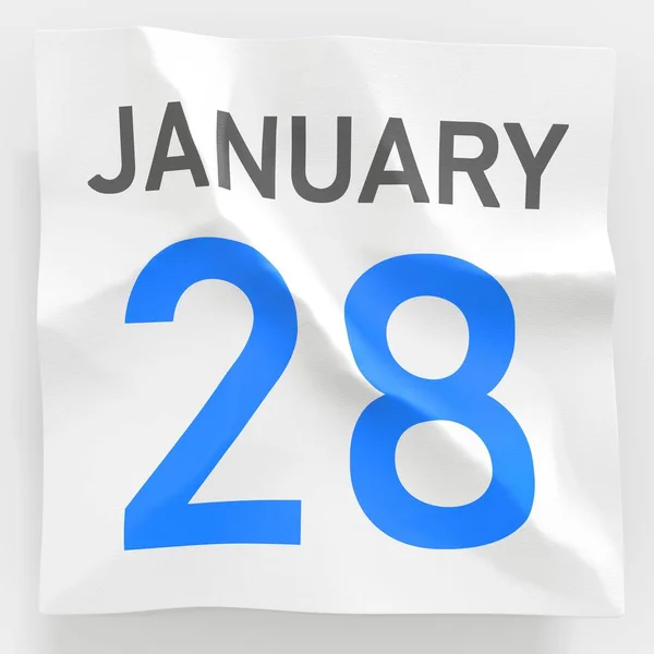 28 januari datum op verkreukelde papieren pagina van een kalender, 3d weergave — Stockfoto