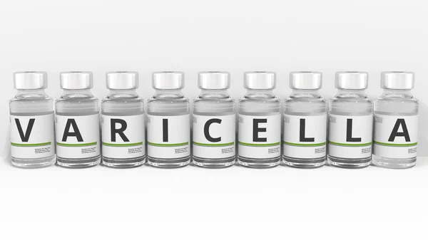 Las botellas de vidrio médico componen el texto de VARICELLA. Renderizado 3D conceptual —  Fotos de Stock