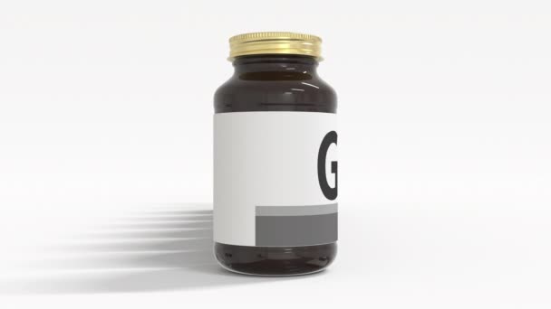 Текст Глюкозы на этикетках медицинских бутылок. 3d анимация — стоковое видео