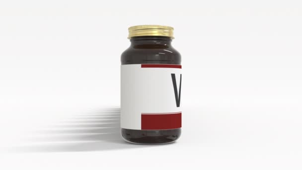 VITAMIN B2 текст на этикетках медицинских бутылок. 3d анимация — стоковое видео