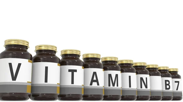 VITAMINA B7 testo sulle etichette delle bottiglie mediche. rendering 3d — Foto Stock