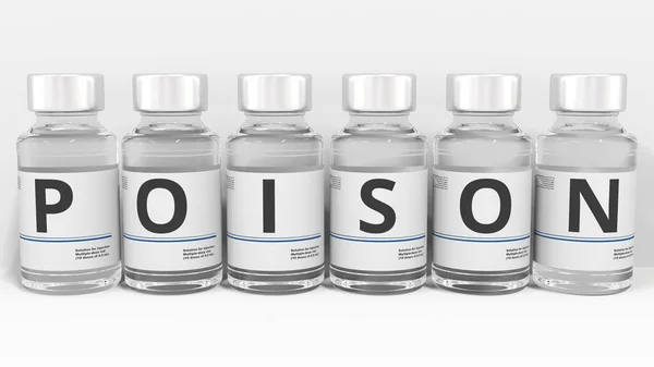 Cartas sobre frascos de medicina componen texto de envenenamiento, representación conceptual 3d —  Fotos de Stock