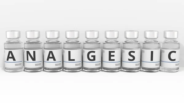 Viales de medicina componen texto ANALGESIC, representación conceptual 3d —  Fotos de Stock
