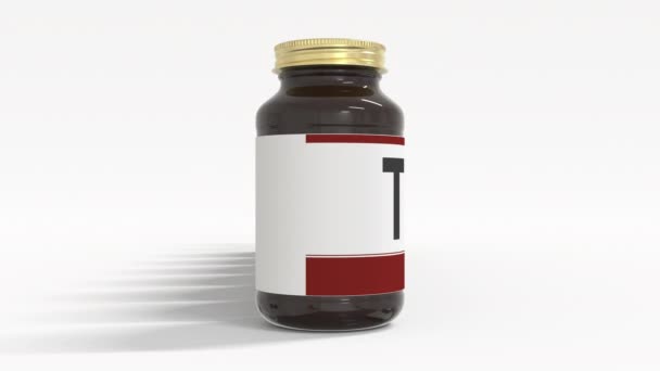 Текст THERAPY на этикетках медицинских бутылок. 3d анимация — стоковое видео