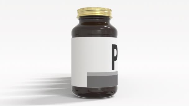 PILLS text på medicinska flaskor. 3D-animering — Stockvideo