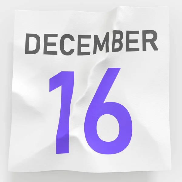 16 december datum op gescheurde pagina van een kalender, 3d weergave — Stockfoto