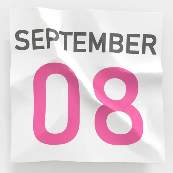 8 septembre date sur papier froissé d'un calendrier, rendu 3d — Photo