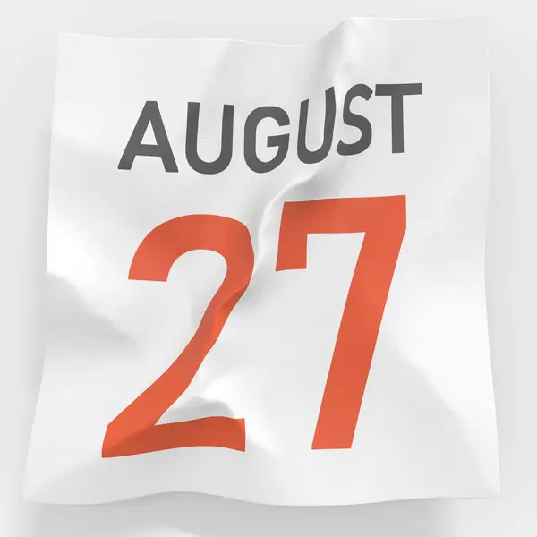 27. srpna datum na zmačkané papírové stránce kalendáře, 3d vykreslování — Stock fotografie