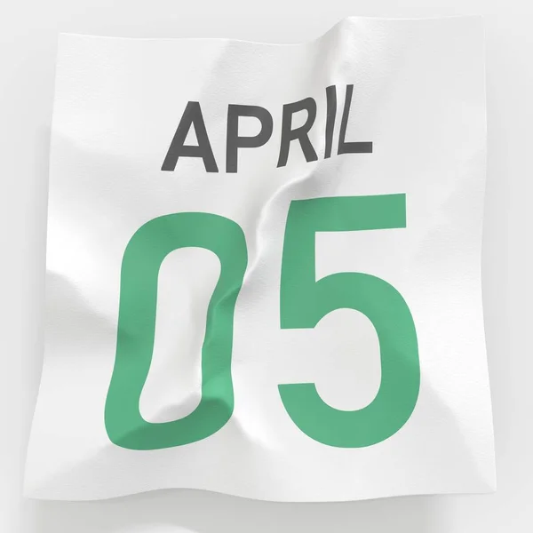 5 april datum på skrynkligt papper sida i en kalender, 3D-rendering — Stockfoto