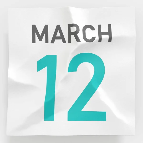 12 de marzo la fecha en la página rasgada del calendario, la representación 3d — Foto de Stock