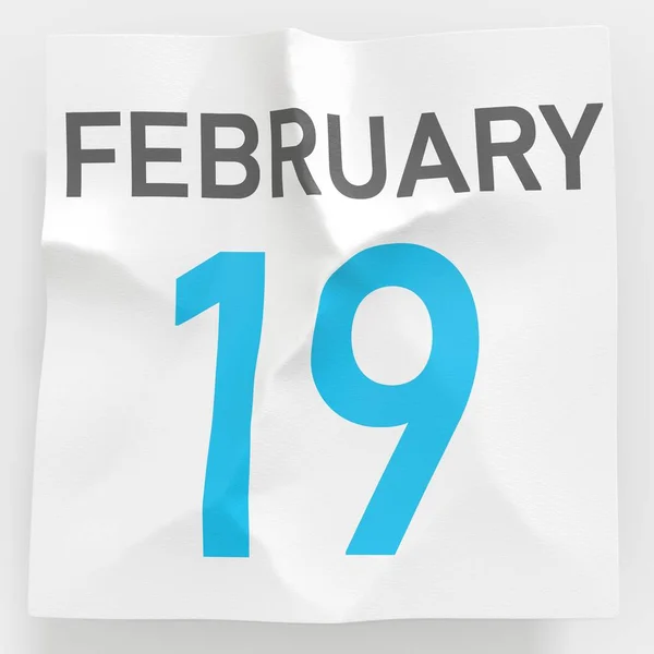 19 de febrero la fecha en la página rasgada del calendario, la representación 3d — Foto de Stock