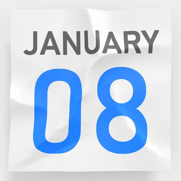 8 de enero la fecha en la página arrugada de papel del calendario, la representación 3d — Foto de Stock