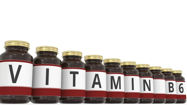 VITAMINA B6 testo sulle etichette delle bottiglie mediche. rendering 3d — Foto Stock