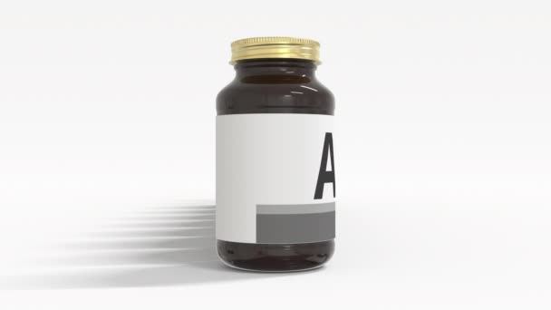 ANTI-AGE текст на этикетках медицинских бутылок. 3d анимация — стоковое видео