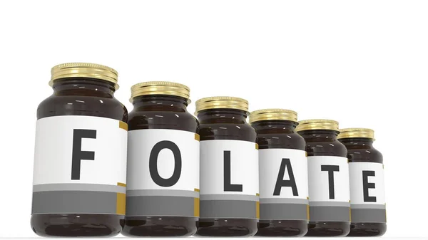 FOLATE szöveg az orvosi palackok címkéjén. 3D-s renderelés — Stock Fotó