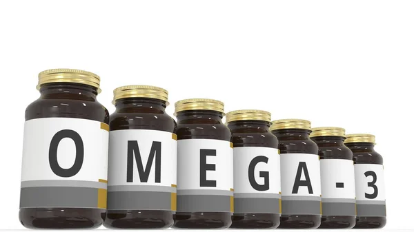 OMEGA-3 texto en botellas médicas. renderizado 3d — Foto de Stock