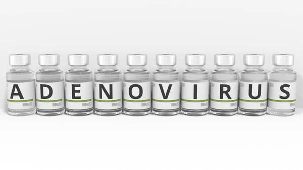 Medizinflaschen verfassen den ADENOVIRUS-Text. Konzeptionelles 3D-Rendering — Stockfoto