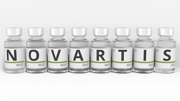 Medikamentenflaschen bilden den Namen des Pharmaunternehmens NOVARTIS. Redaktionelle konzeptionelle 3D-Darstellung — Stockfoto