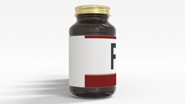 Tekst FAKE na etykietach butelek medycznych. Animacja 3D — Wideo stockowe