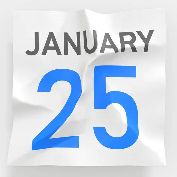25 Ιανουαρίου ημερομηνία σε σχισμένη σελίδα ενός ημερολογίου χαρτί, 3d απόδοση — Φωτογραφία Αρχείου