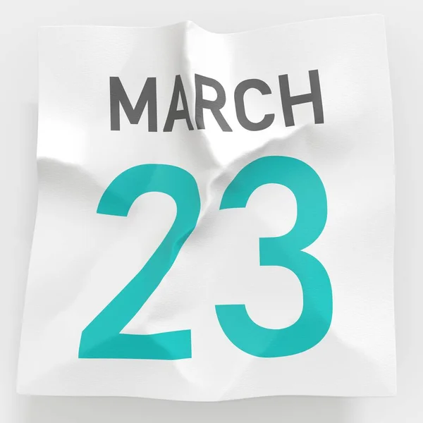 23 de março data em página de papel amassada de um calendário, prestação 3d — Fotografia de Stock