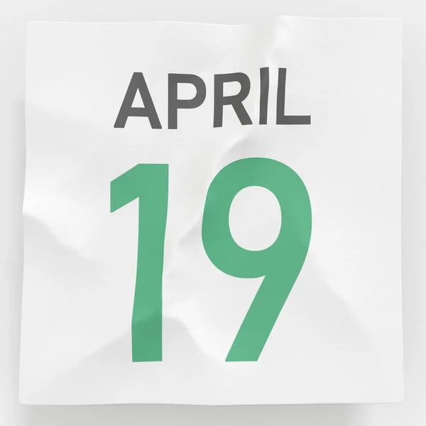 April 19 date on crumpled paper page of a calendar, 3d rendering — 图库照片