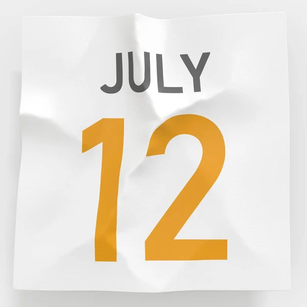 12 Ιουλίου ημερομηνία σε τσαλακωμένη χάρτινη σελίδα ενός ημερολογίου, 3d απόδοση — Φωτογραφία Αρχείου