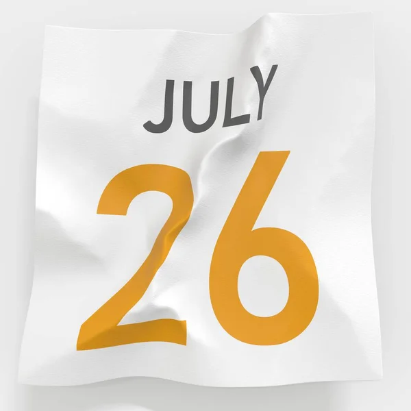 July 26 date on torn page of a paper calendar, 3d rendering — Stock fotografie