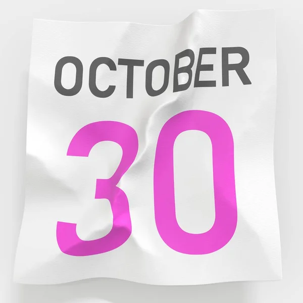 30 oktober datum op gescheurde pagina van een papieren kalender, 3d rendering — Stockfoto