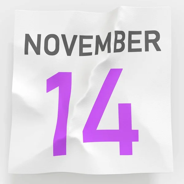 14 de noviembre la fecha en la página arrugada de papel del calendario, la traducción 3d — Foto de Stock