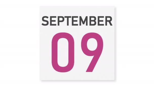 10 september datum achter verkreukeld papier pagina van een kalender, 3d animatie — Stockvideo