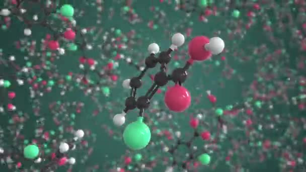 2-lorobenzoic acid 분자. 개념 분자 모델이죠. 화학 반응을 일으키는 3d 애니메이션 — 비디오