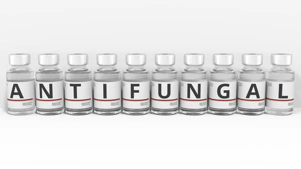 Medicininjektionsflaskor utgör ANTIFUNGAL text, konceptuell 3d rendering — Stockfoto