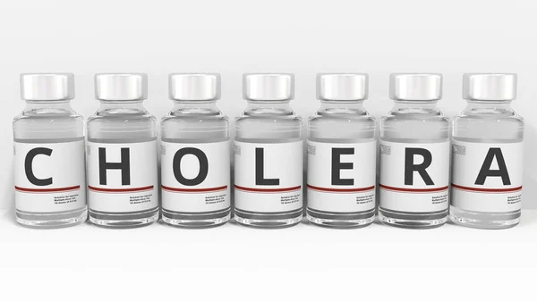 Buchstaben auf Medikamentenflaschen komponieren CHOLERA-Text, konzeptionelle 3D-Darstellung — Stockfoto