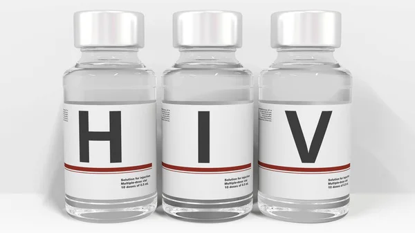 HIV-Text auf den Etiketten von Medikamentenflaschen. Konzeptionelles 3D-Rendering — Stockfoto