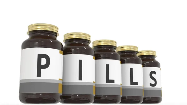 Píldoras texto en botellas médicas. renderizado 3d — Foto de Stock