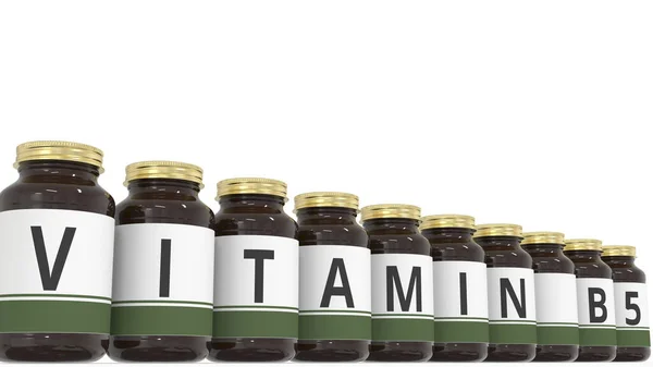 VITAMIN B5 Text auf den Etiketten medizinischer Flaschen. 3D-Darstellung — Stockfoto