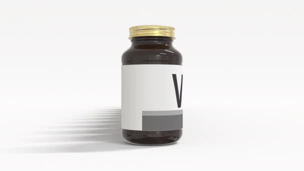 VITAMIN B7 текст на этикетках медицинских бутылок. 3d анимация — стоковое видео