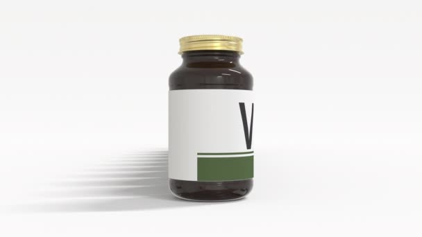 VITAMIN B9 text på etiketterna till medicinska flaskor. 3D-animering — Stockvideo